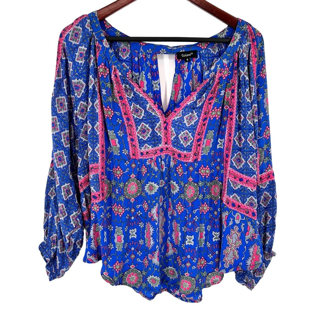Anthropologie Tolani 100% SILK Sz Small Blue Pink Bohemian Blouse Shirt Top